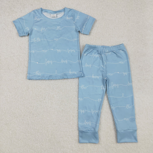 RTS NO MOQ ETA 5/7days Arrived BSPO0529 jesus loves me letter blue short-sleeved long pants pajama set