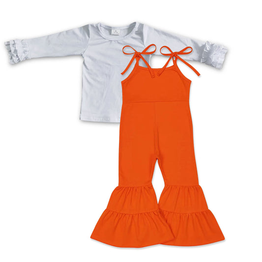 SR0451 Orange suspender jumpsuit  with white top