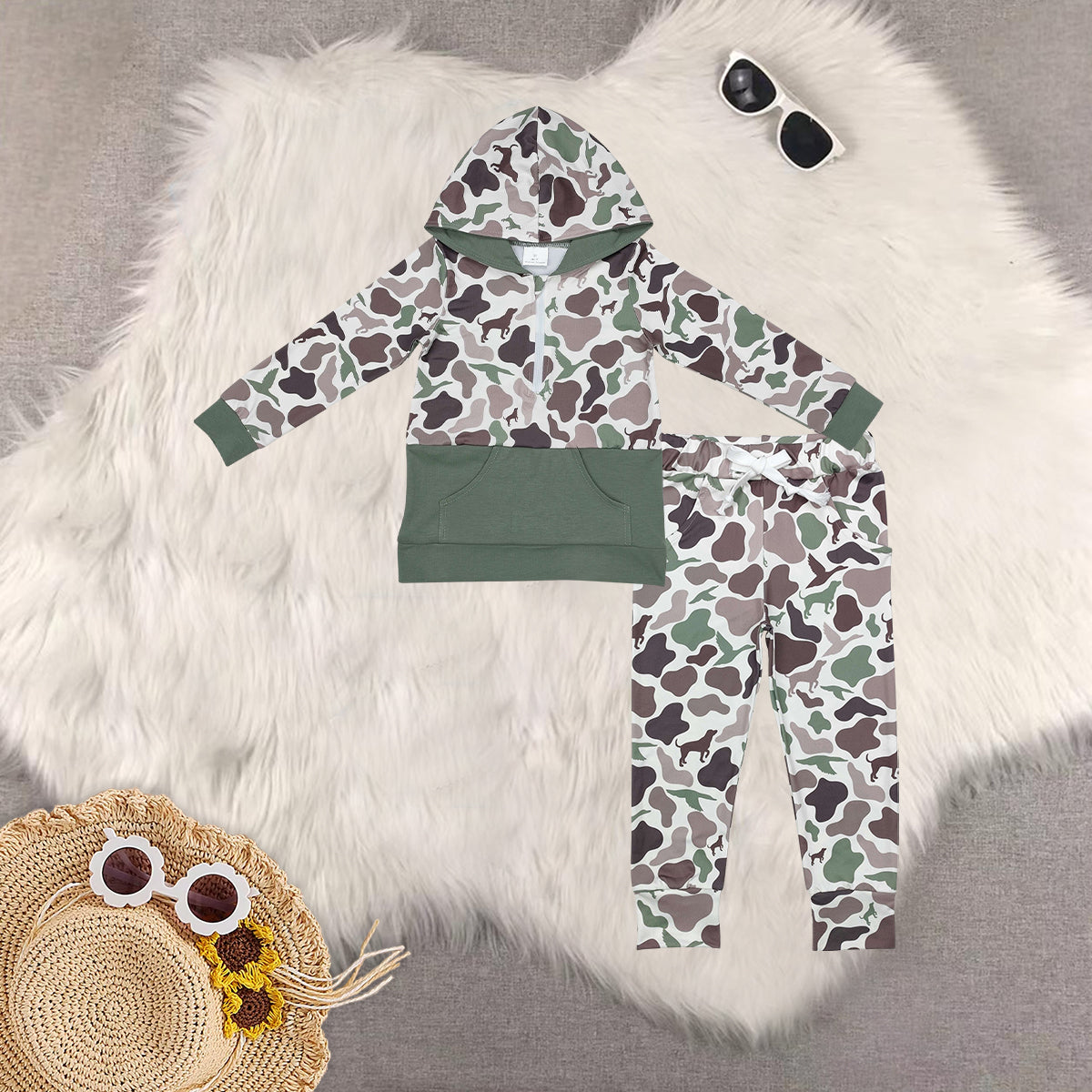 RTS NO MOQ ETA 5/7days Arrived BT0914+P0660 Duck Puppy Camouflage Zipper Pocket Hooded Long Sleeve Top Trousers sets