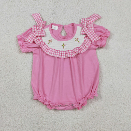 RTS NO MOQ（In Stock ) SR3250 Embroidered Cross Pink and White Check Lace Short-Sleeve Onesie