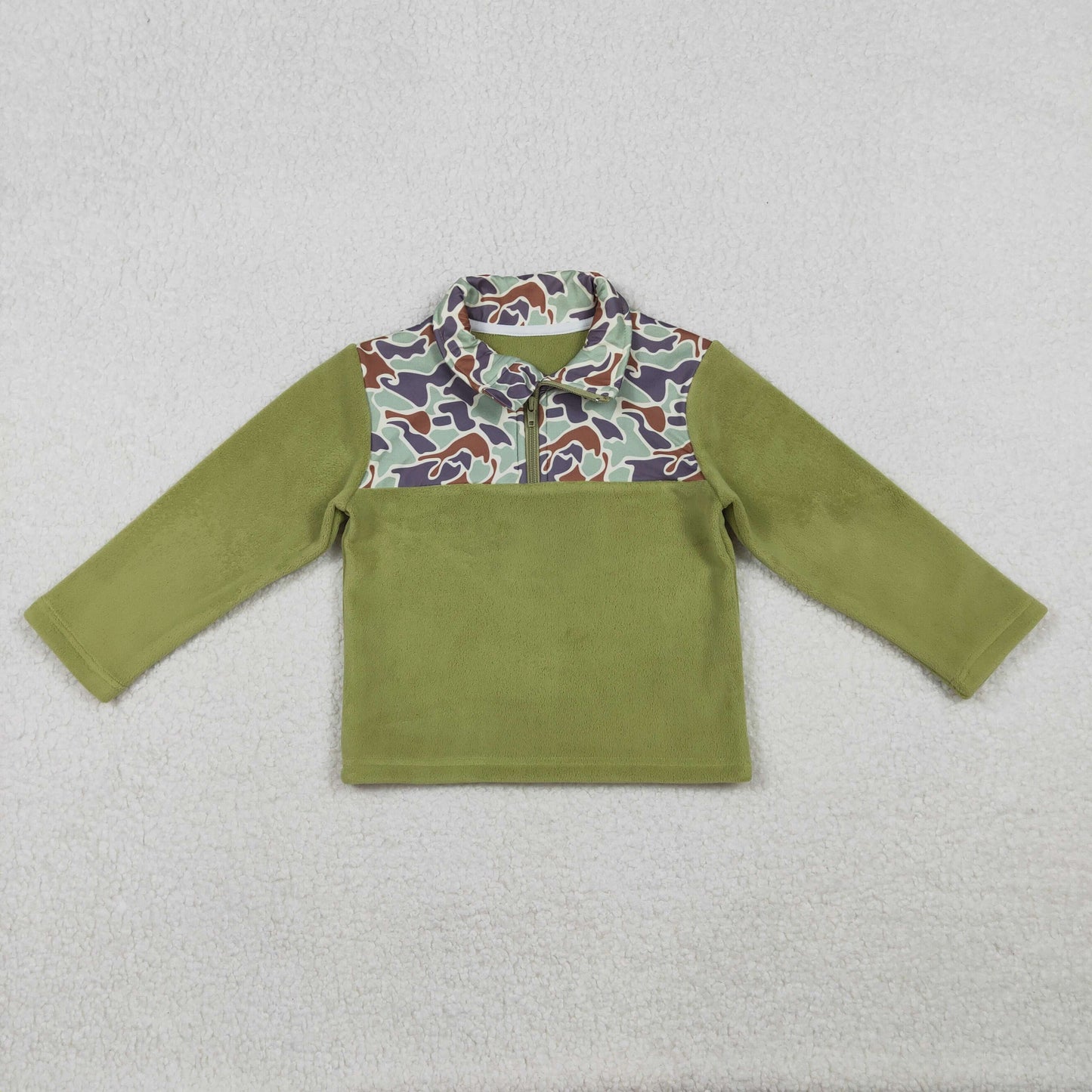 RTS NO MOQ（In Stock) fleece BT1308 Camo green plush zippered long-sleeved top