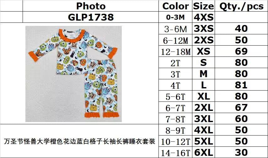 RTS NO MOQ ETA 5/7days GLP1738 Halloween Monsters University Orange Lace Blue and White Plaid Long Sleeve Pants Pajama Set