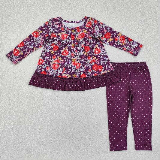 RTS NO MOQ ETA 5/7days Arrived GLP1850 Flower and leaf pocket polka dot lace purple long-sleeved trousers set