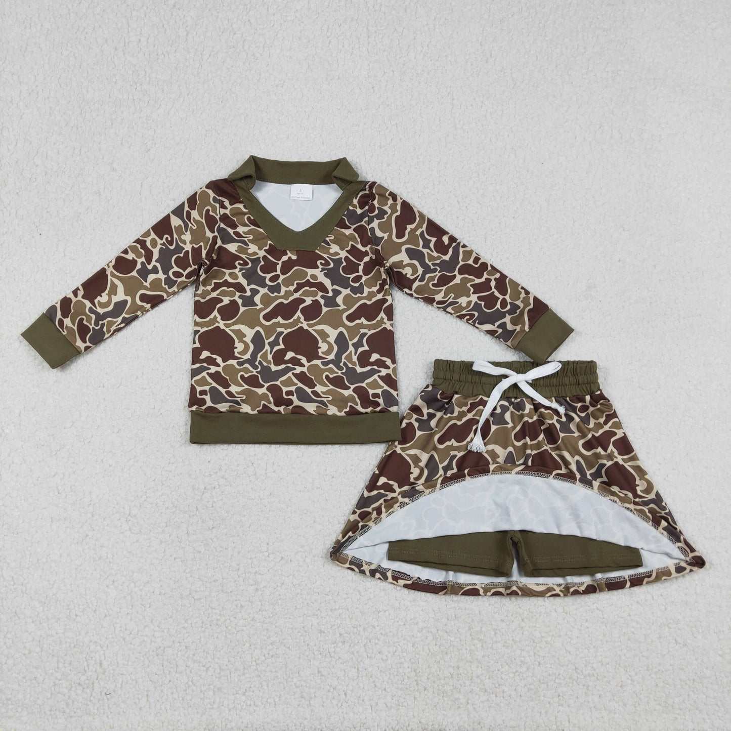 RTS NO MOQ（In Stock) Brown-Green Camouflage Long-Sleeve Skirt Set