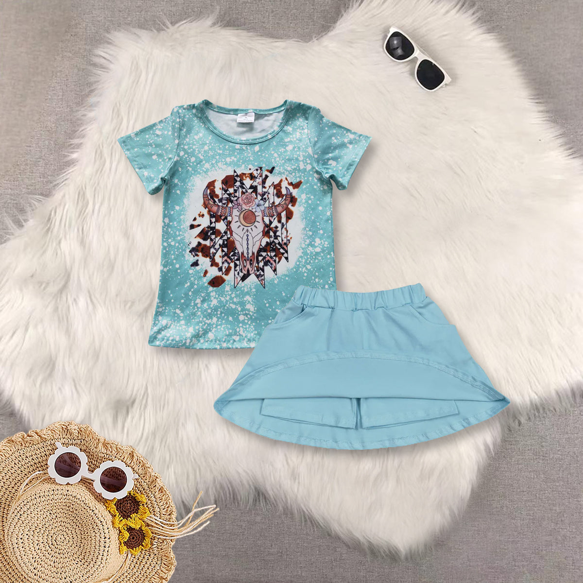 RTS NO MOQ blue short-sleeved top star striped blue pants skirt sets