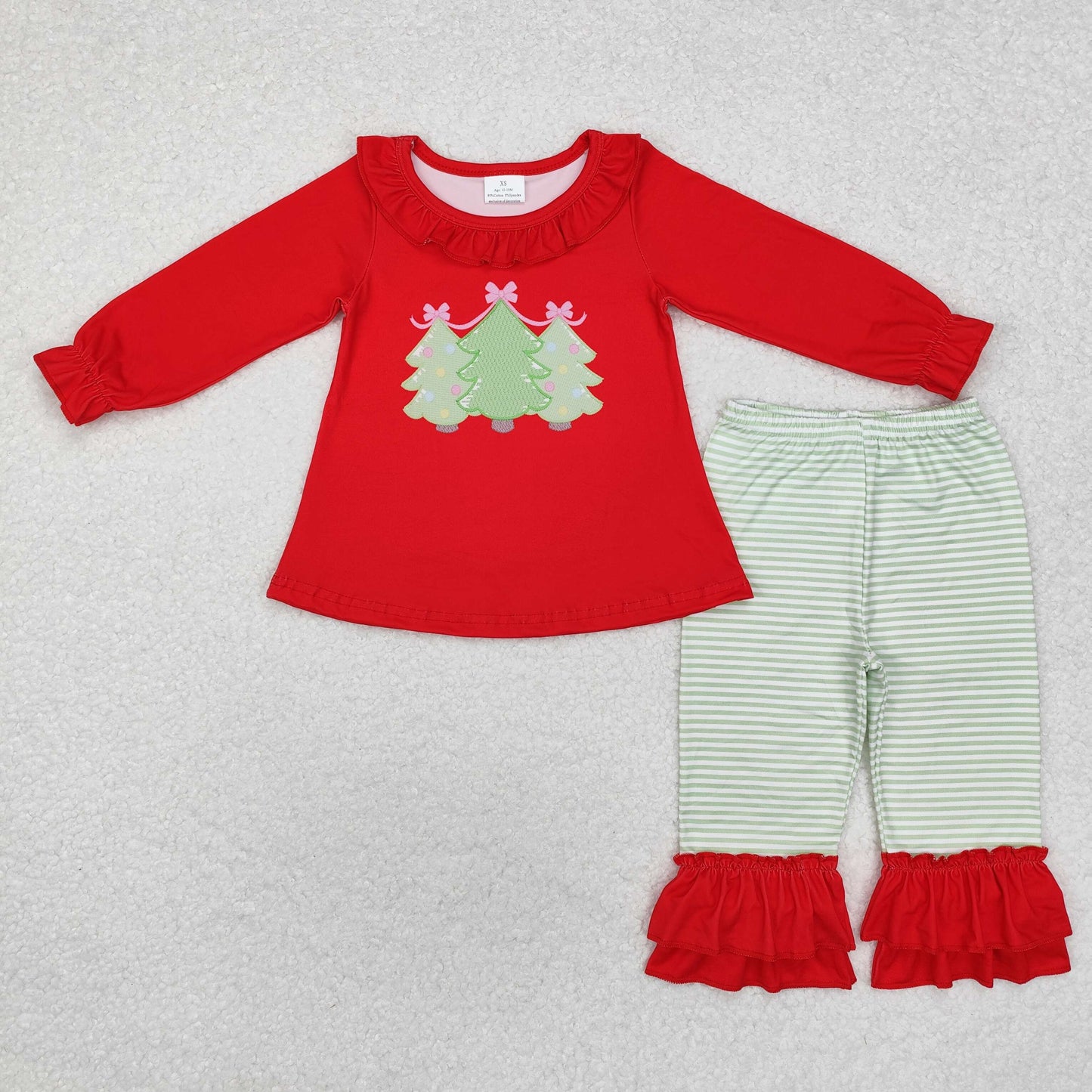 RTS NO MOQ ETA 5/7days GLP1672 Christmas tree red long-sleeved green striped double-layer lace long-sleeved pants suit