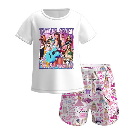 custom moq 5 eta 4-5 weeks baby girls clothes taylor swift pink short sleeve shorts summer outfit