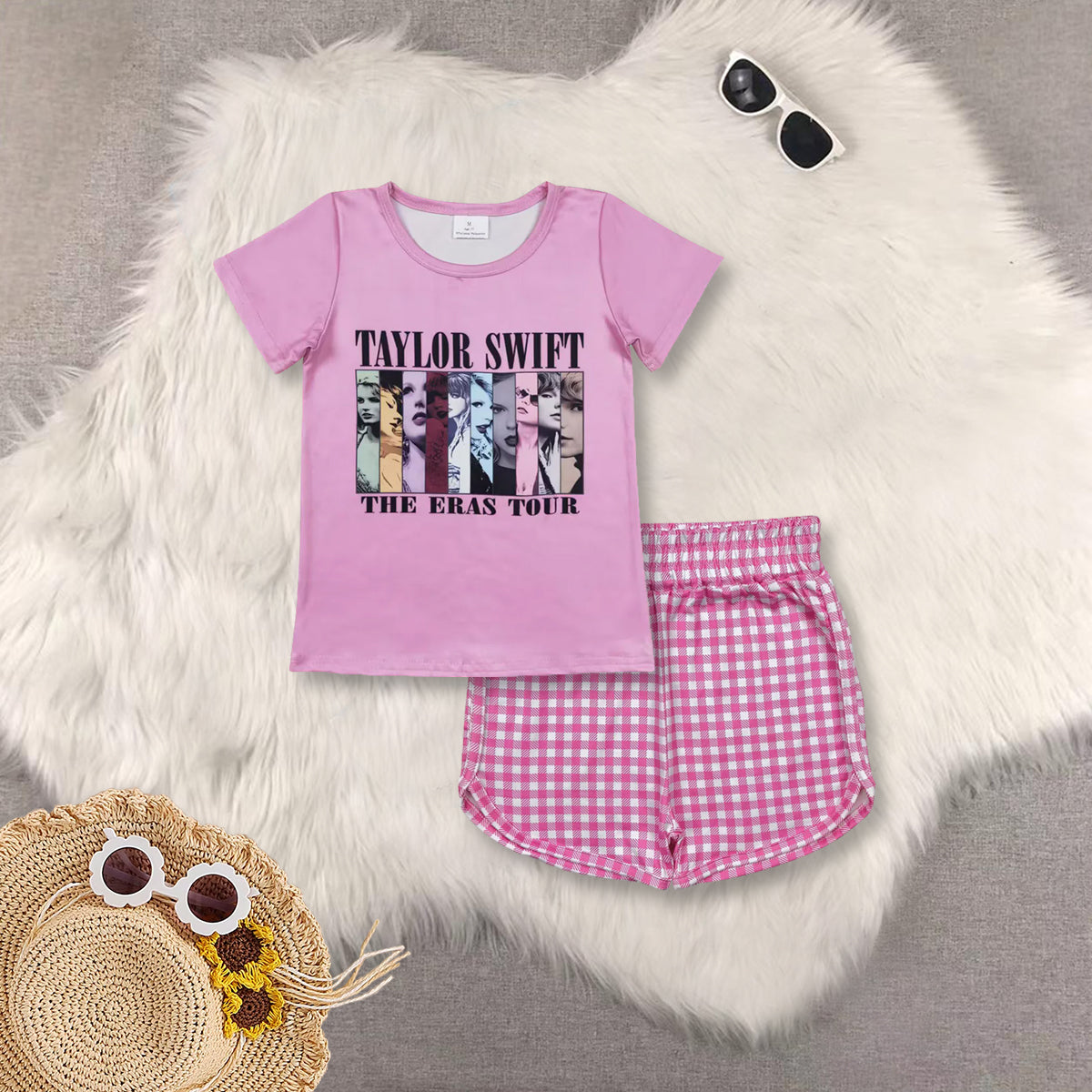 RTS NO MOQ Sibling baby girls clothes taylor pink Short Sleeve Suit  & Top and shorts