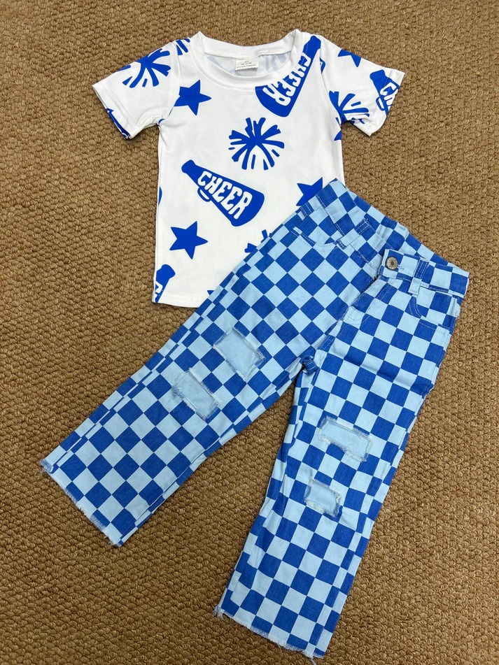 RTS NO MOQ childrens clothing denim sets Cheer Orange Shirt Checkered Bell Denim Pants Clothes Sets