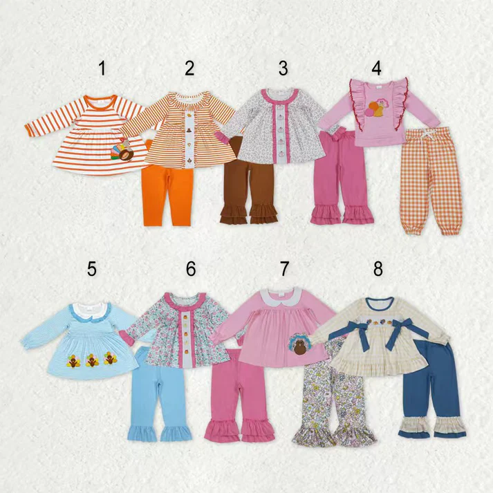RTS NO MOQ Sibling Baby girl clothes Embroidery turkey pumpkin long-sleeved trousers suits