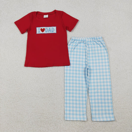 RTS NO MOQ（In Stock) BSPO0589 Red Short-Sleeved Blue Plaid Pants Set with Embroidered "I Love Dad"