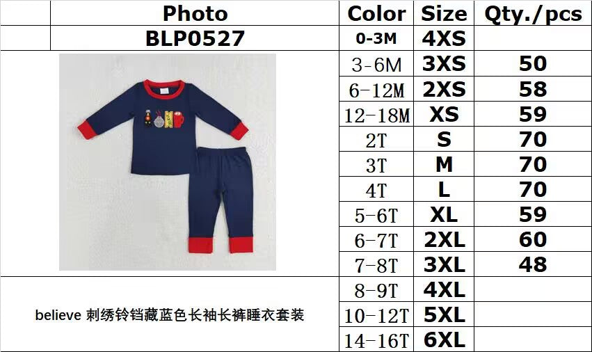 rts no moq BLP0527 Believe embroidered bell navy blue long-sleeved trousers pajama set