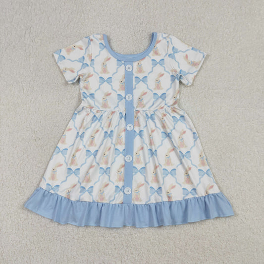 RTS NO MOQ（In Stock ) GSD3416 Blue lace-trimmed button-down short-sleeved dress with rabbit bow pattern