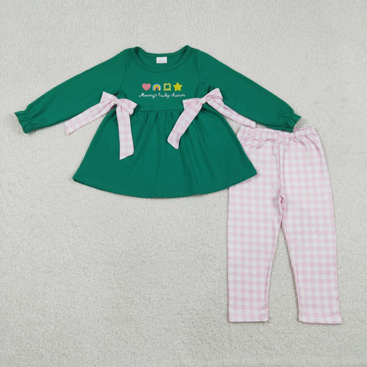 RTS NO MOQ（In Stock) Embroidered heart rainbow four-leaf clover pink and white plaid bow green long-sleeved trousers set