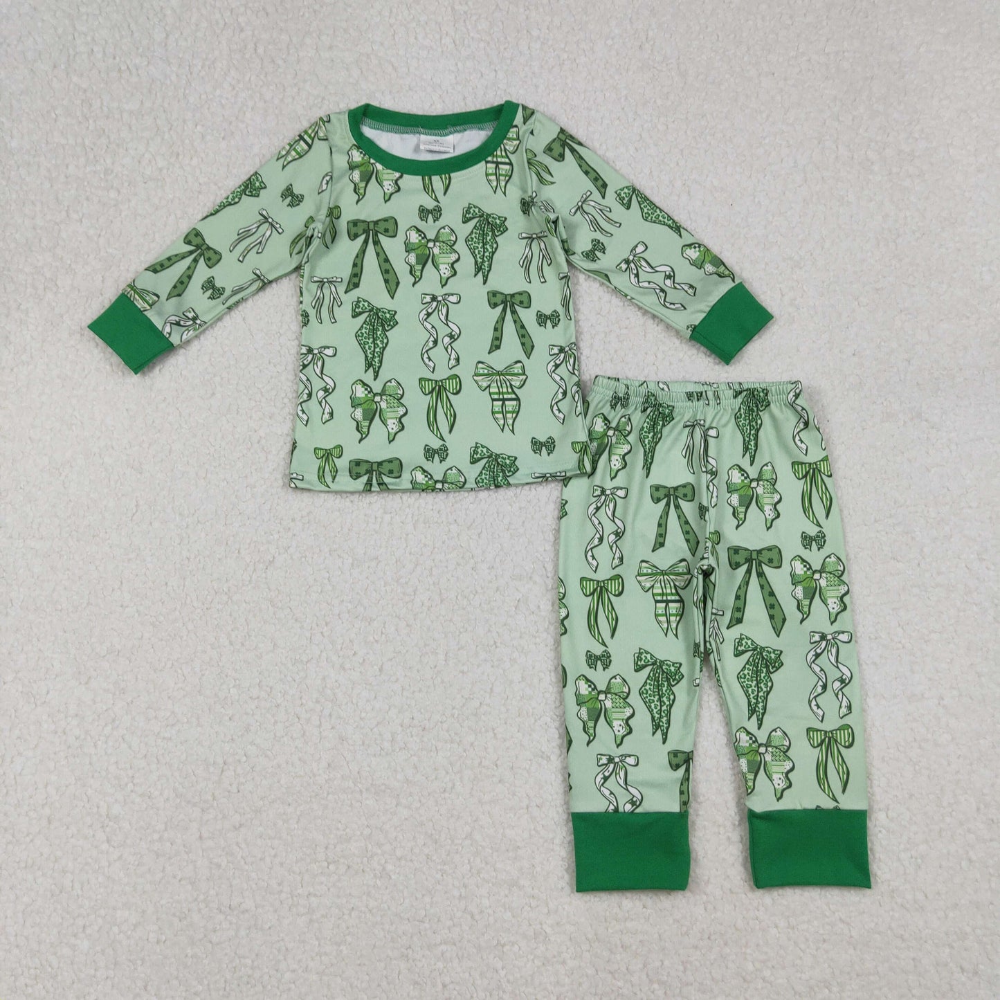 RTS NO MOQ（In Stock) 12/18m-7/8t GLP2840 Bow Pattern Green Long-Sleeved Pajama Set