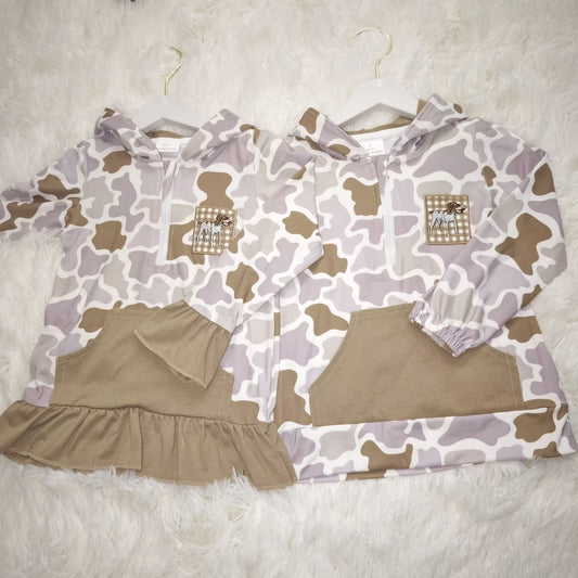 RTS NO MOQ Sibling Baby Girls boy clothes embroidery Zipper Stand Collar Pullover hooded Long Sleeve Tops