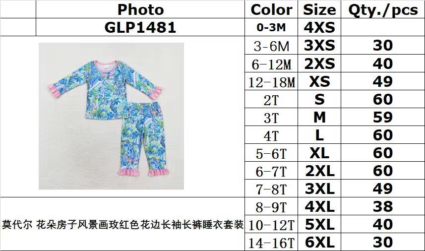 Bamboo rts no moq GLP1481 modal flower house landscape painting rose red lace long-sleeved trousers pajamas set