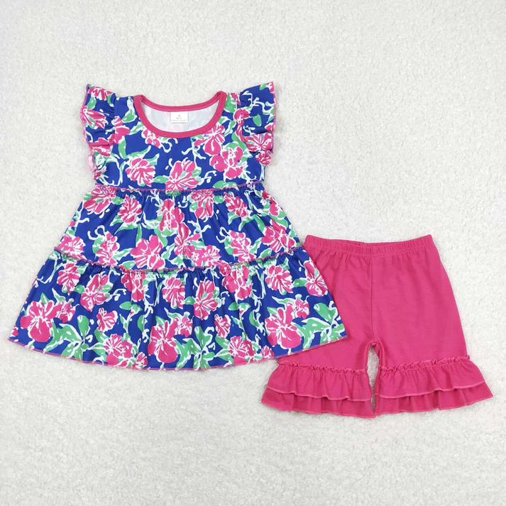 RTS NO MOQ Baby Girls Colorful Floral Pattern Fly Sleeve Top Lace-up Shorts Set