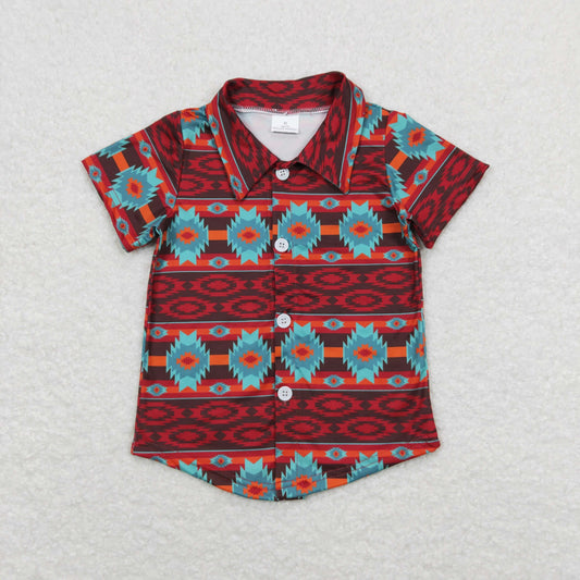 BT0582 Geometric red button short-sleeved top