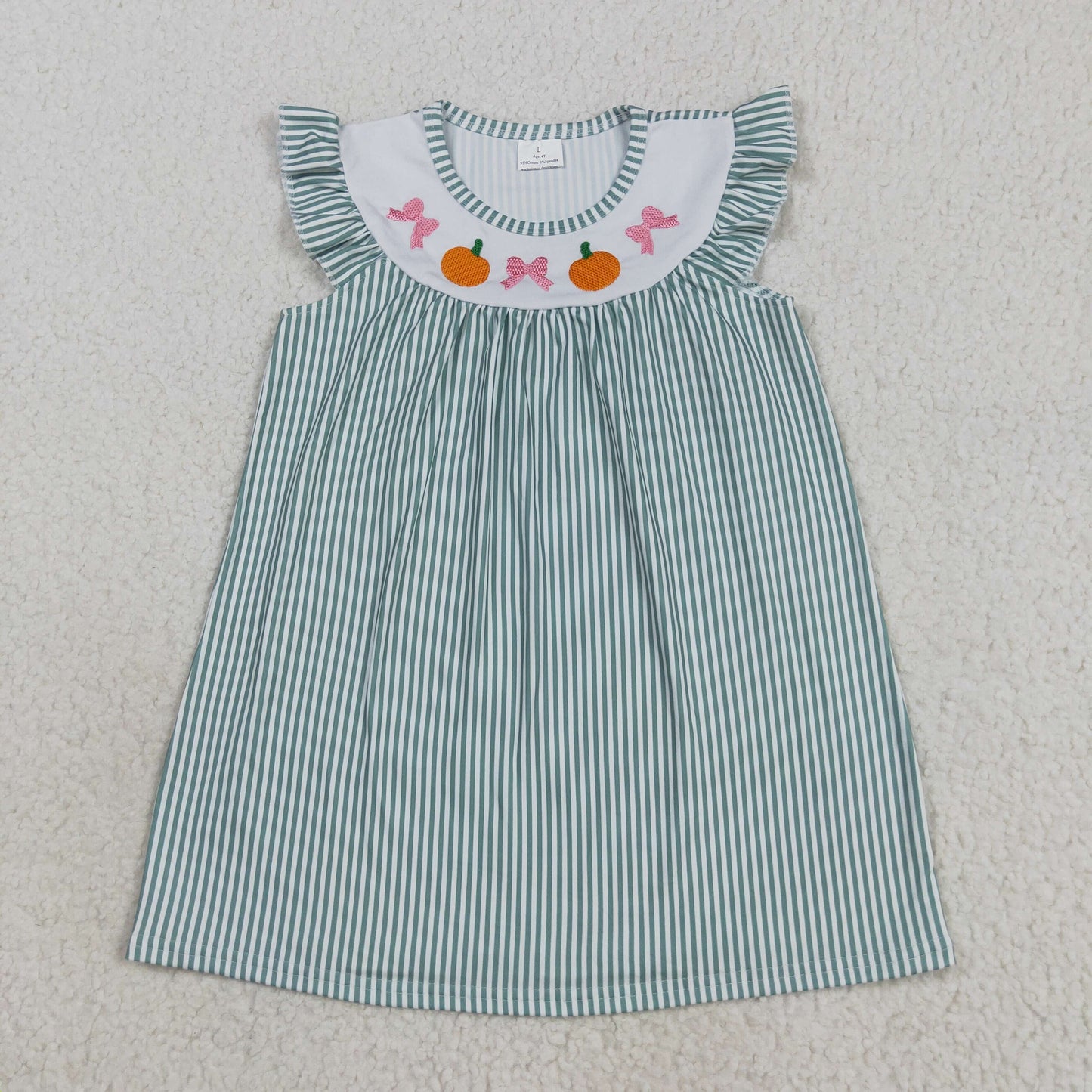 RTS NO MOQ（In Stock）GSD2746 Embroidered butterfly pattern pumpkin green striped dress with flying sleeves