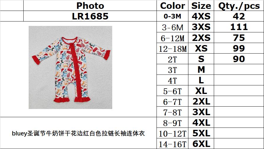 RTS NO MOQ ETA 5/7days arrived LR1685 bluey Christmas milk cookie lace red and white zipper long sleeve jumpsuit