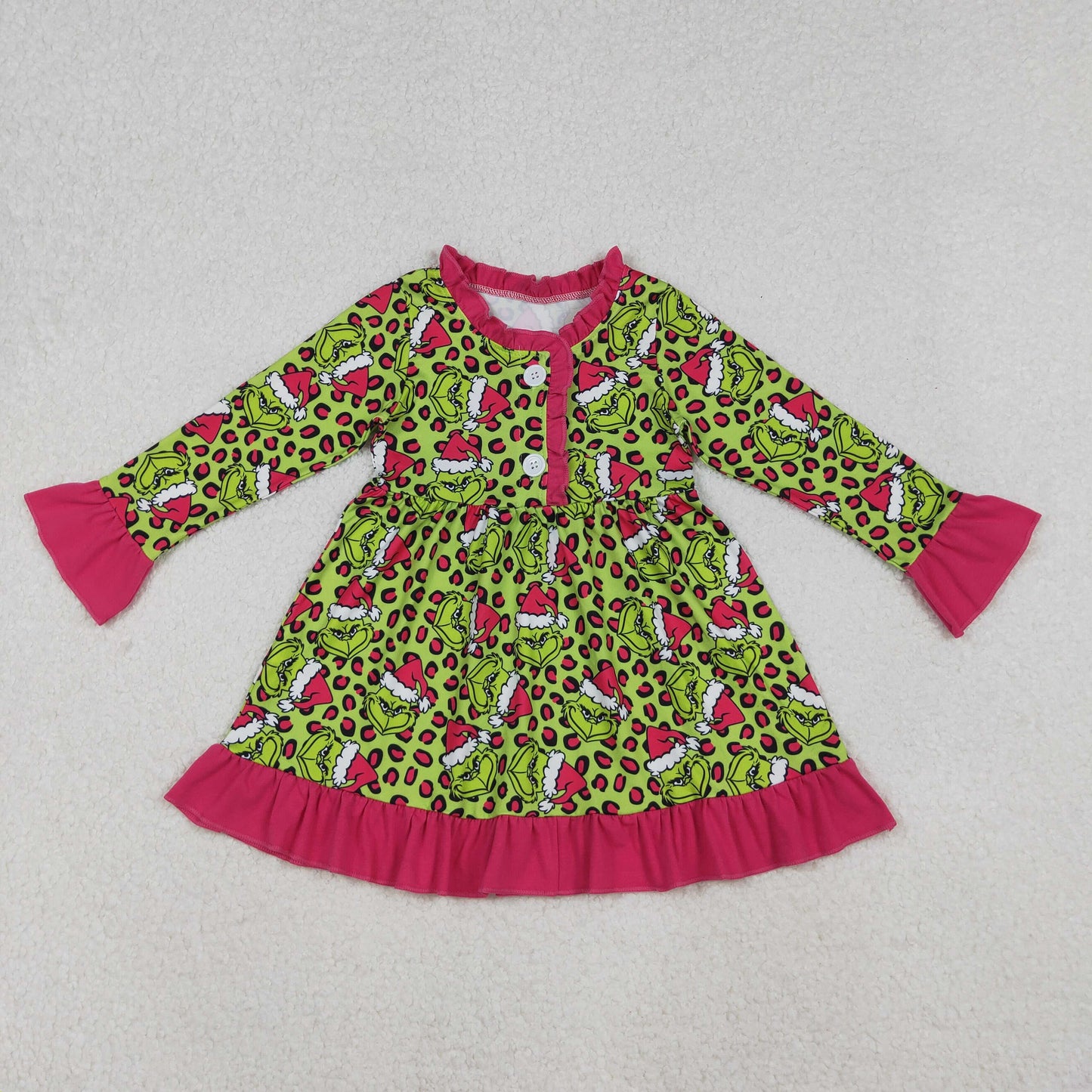 12/18m-7/8t RTS NO MOQ（In Stock) GLD1254 Cartoon leopard print rose red lace button-down green long-sleeved dress