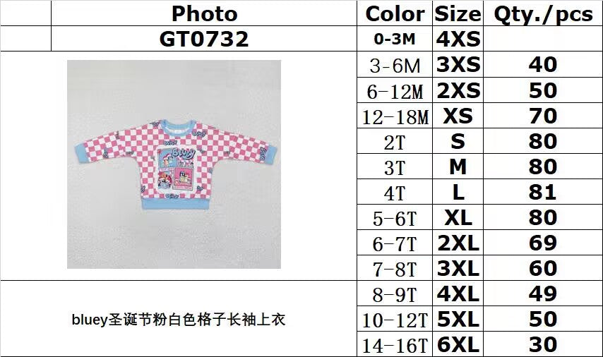 RTS NO MOQ ETA 5/7days GT0732 bluey Christmas pink and white plaid long-sleeved top