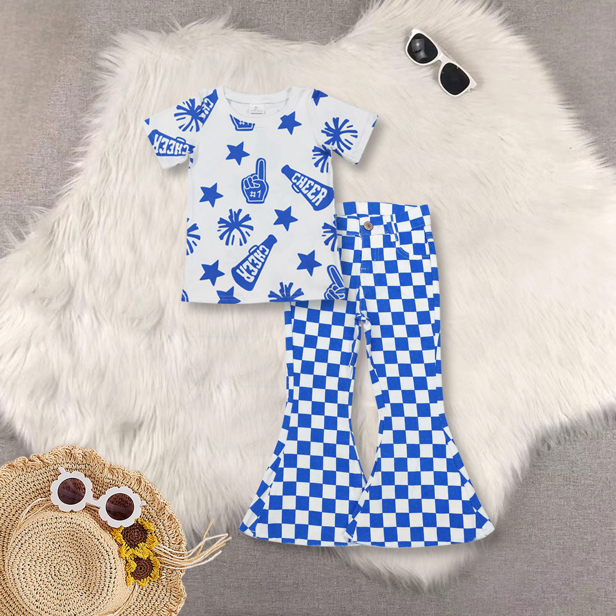 RTS NO MOQ Sibling baby girl clothes cheer short sleeve top and jeand pants