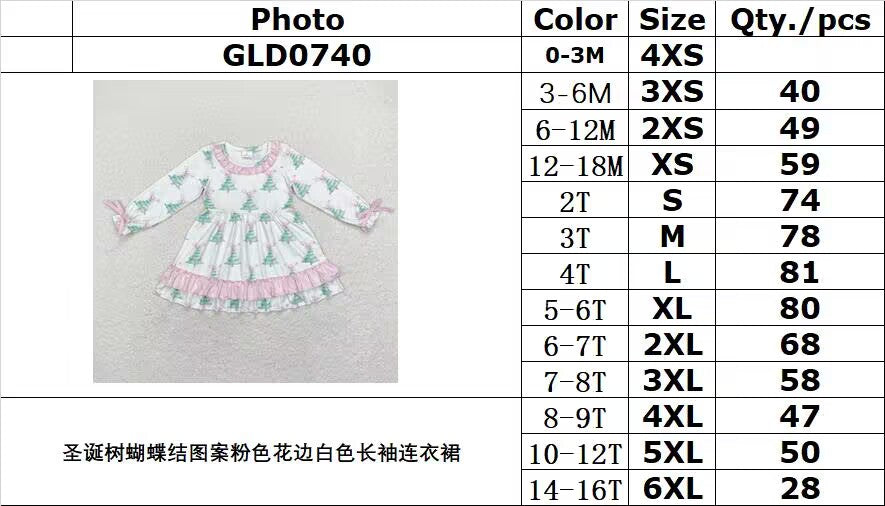 rts no moq GLD0740 Christmas tree bow pattern pink lace white long-sleeved dress