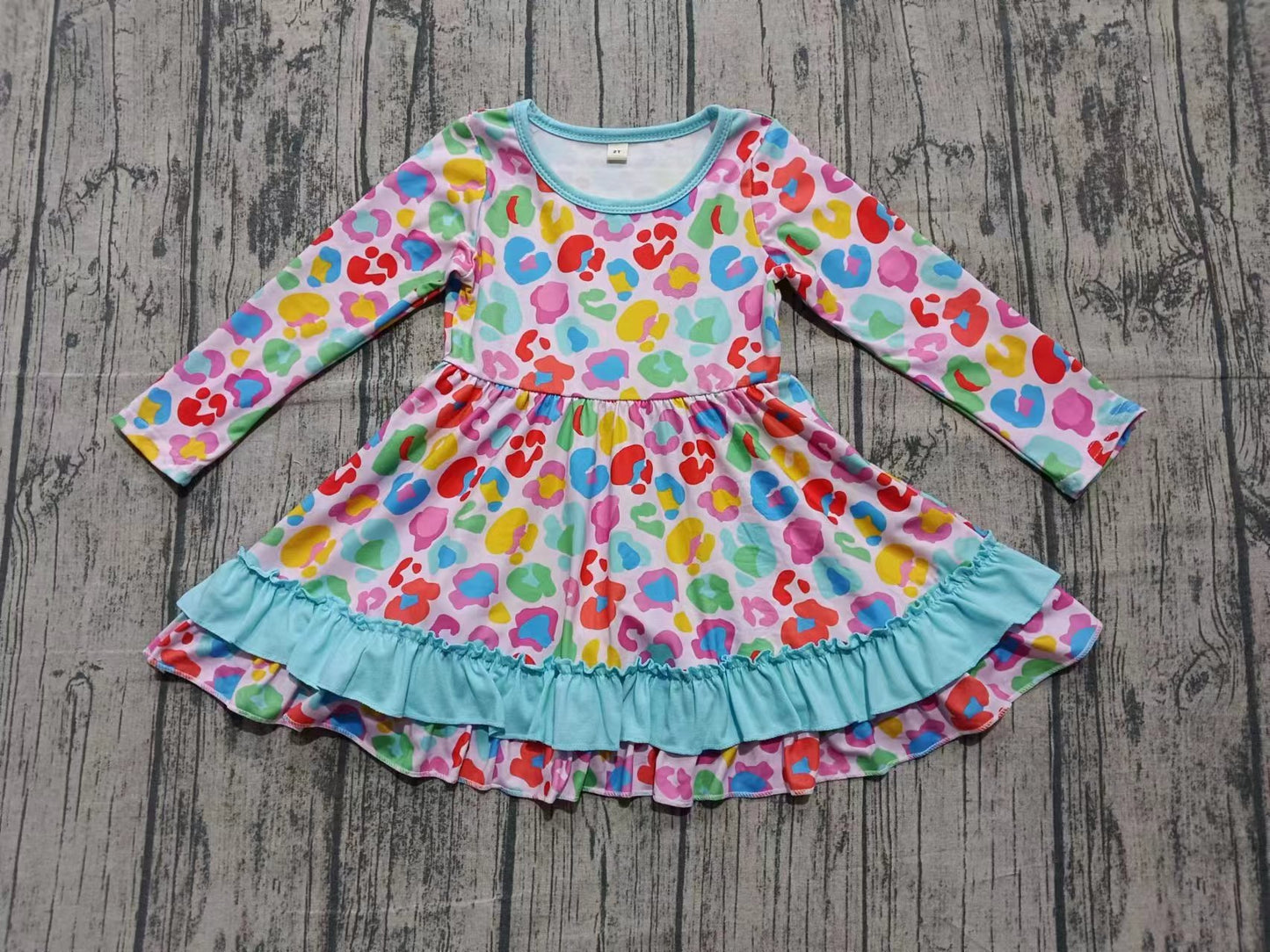 Custom moq 8 eta 6-8weeks baby girl clothes colorful leopard long sleeve dress-25.9.26