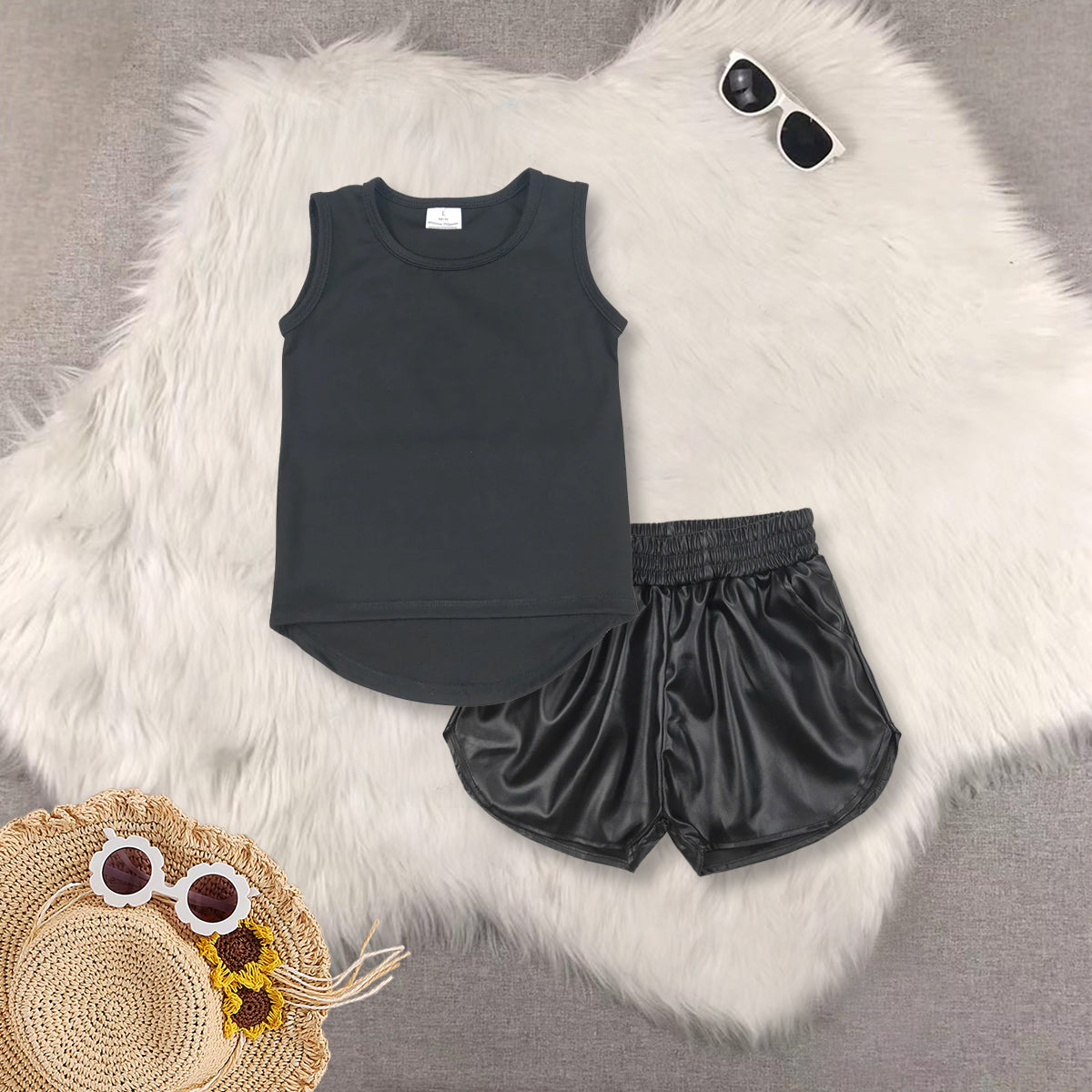 RTS NO MOQ Sibling Girls yoga pure black short sleeve Clothes Sets and top and shorts