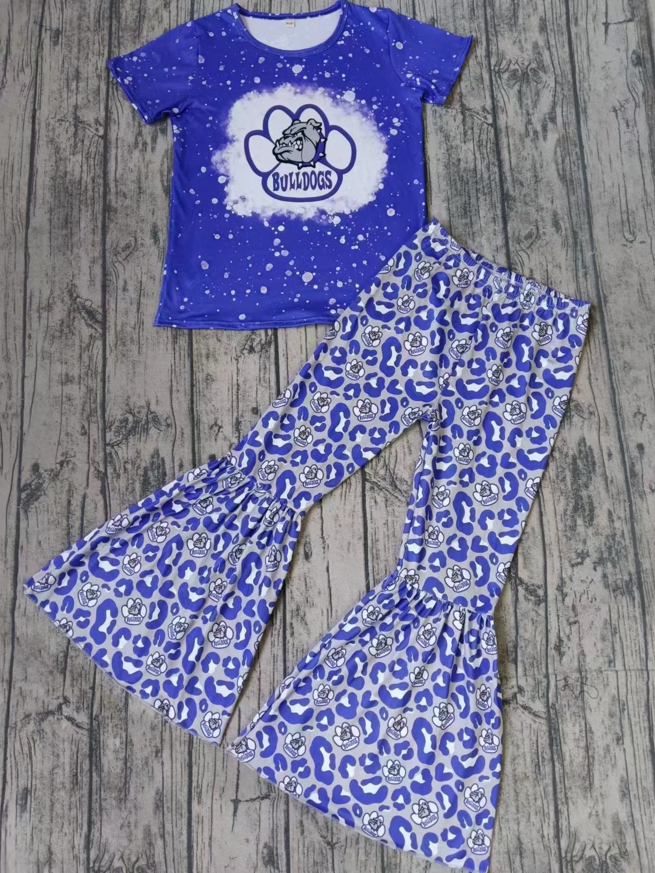 custom moq 5 eta 5weeks mix size Girls BULLDOGS blue short sleeve leopard pants Suit