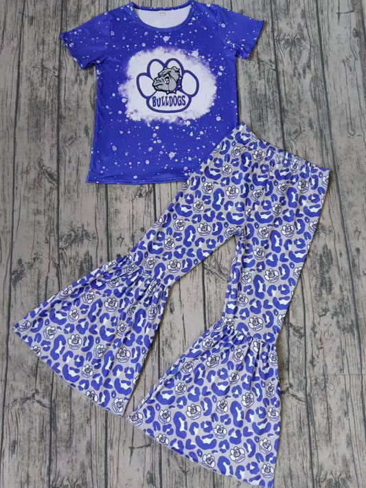 custom moq 5 eta 5weeks mix size Girls BULLDOGS blue short sleeve leopard pants Suit