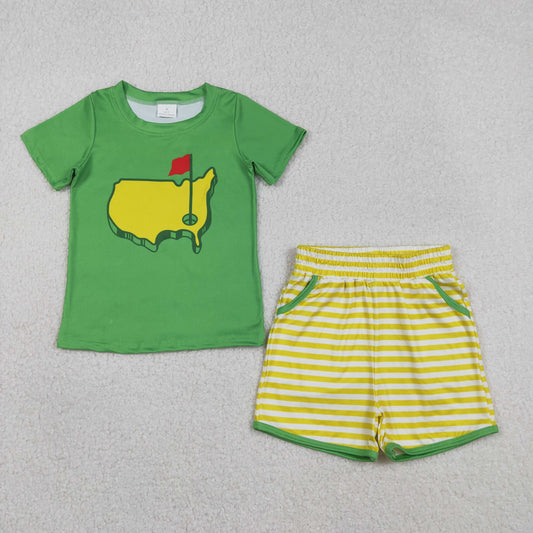 RTS NO MOQ（In Stock) BSSO1673 Golf Course Red Flag Green Short-Sleeve Yellow Striped Shorts Set