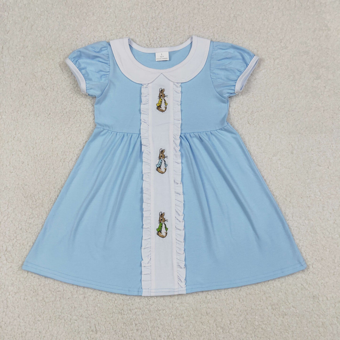 RTS NO MOQ（In Stock ) GSD2961 Embroidered Easter Bunny Peter Pan Collar Lace Blue Short-Sleeve Dress