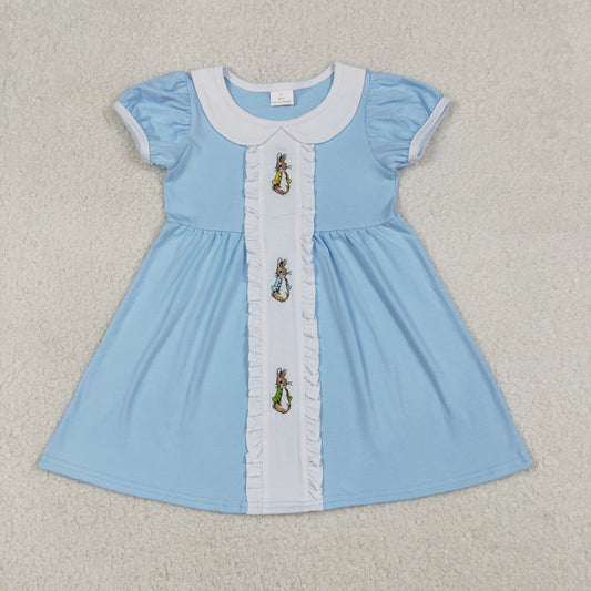 RTS NO MOQ（In Stock ) GSD2961 Embroidered Easter Bunny Peter Pan Collar Lace Blue Short-Sleeve Dress