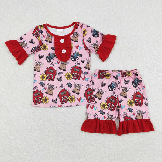 GSSO0932 Love Red House Cow Red Lace Pink Short Sleeve Shorts Pajama Set