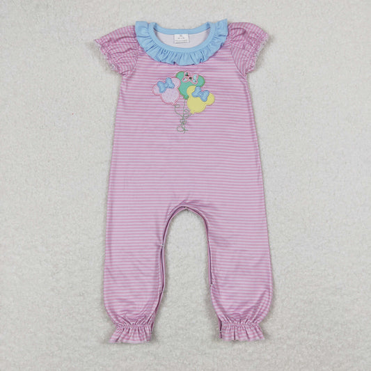 SR0611 Embroidery Bow Mickey Balloon Blue Lace Pink Striped Short Sleeve Jumpsuit