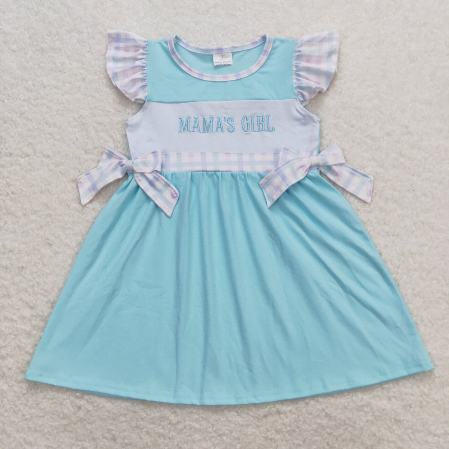 GSD0848 mama's girl embroidered L letter colorful plaid lace bow teal flying sleeve dress