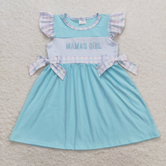 GSD0848 mama's girl embroidered L letter colorful plaid lace bow teal flying sleeve dress