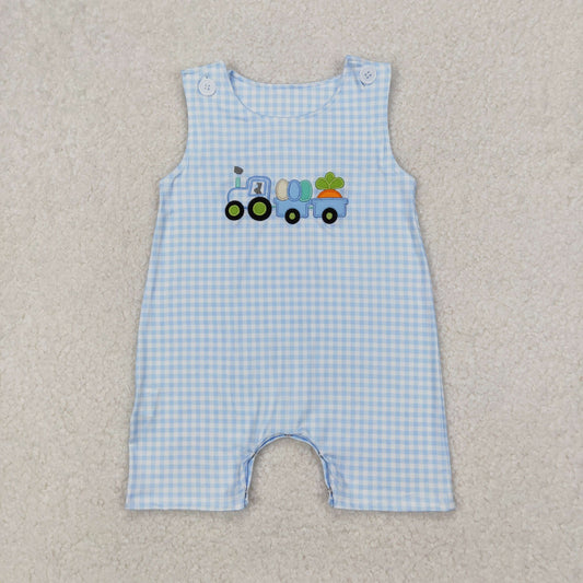 RTS NO MOQ ETA 5/7days arrived SR2402 Embroidered Easter egg carrot tractor blue plaid sleeveless jumpsuit