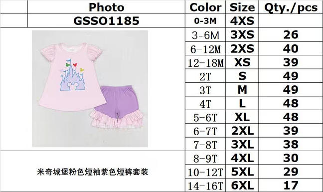 RTS no moq GSSO1185 Mickey Castle pink short-sleeve purple shorts set