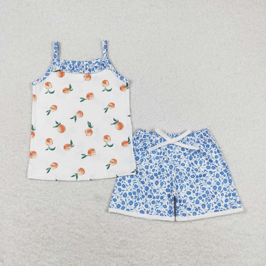 rts no moq GSSO0864 Peach Pink Sleeveless Blue Floral Shorts Set