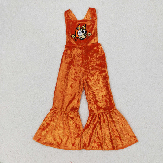 RTS NO MOQ（In Stock) SR2444 Embroidered bluey orange gold velvet suspender jumpsuit