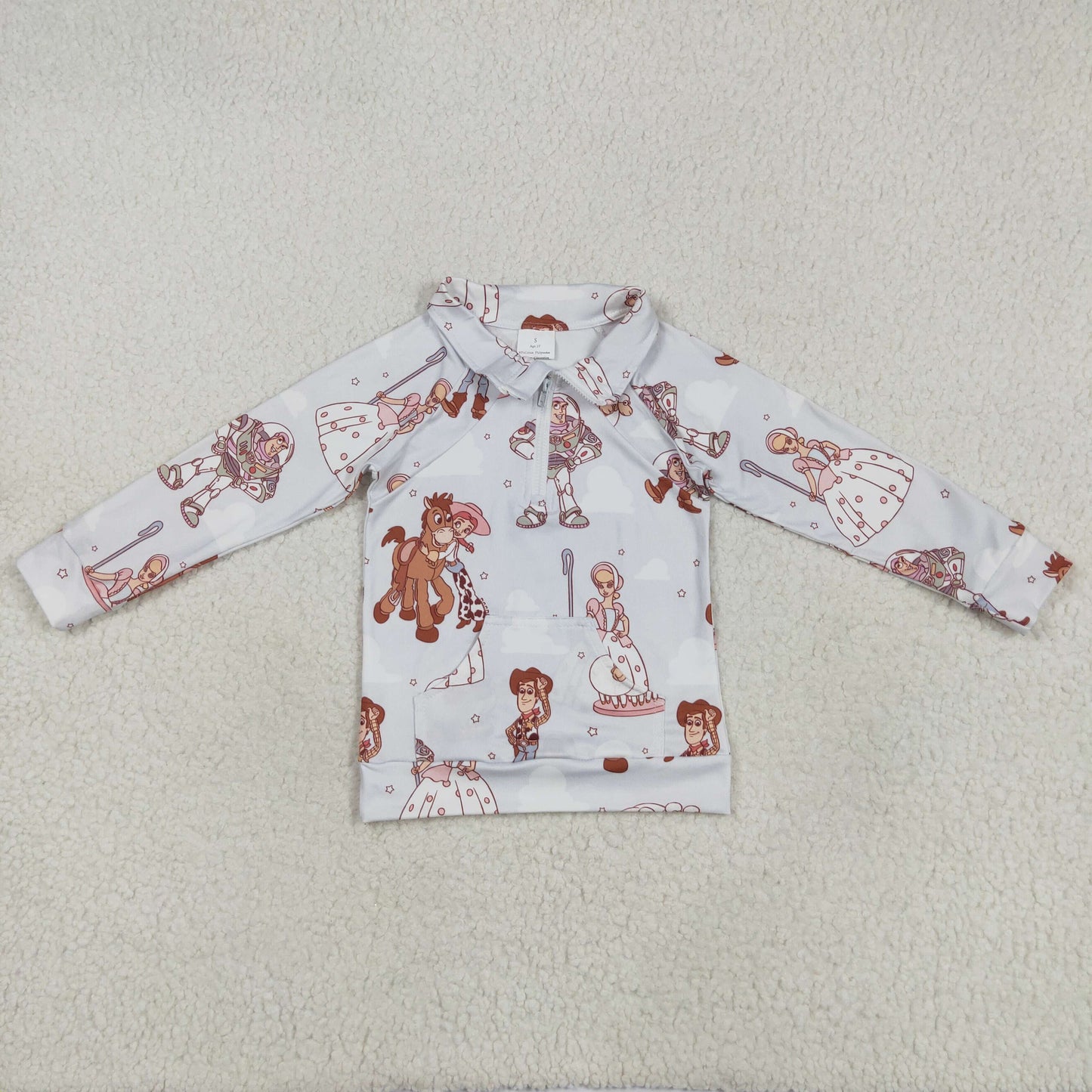 RTS NO MOQ GT0989 Toy Story Woody Buzz Lightyear white zipper long-sleeved top