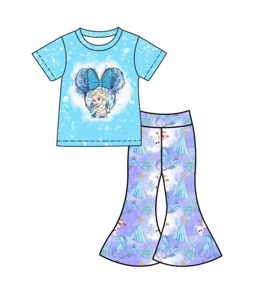 Custom moq 5 mix size milk silk baby girl clothes cartoon bow blue short sleeve pants sets