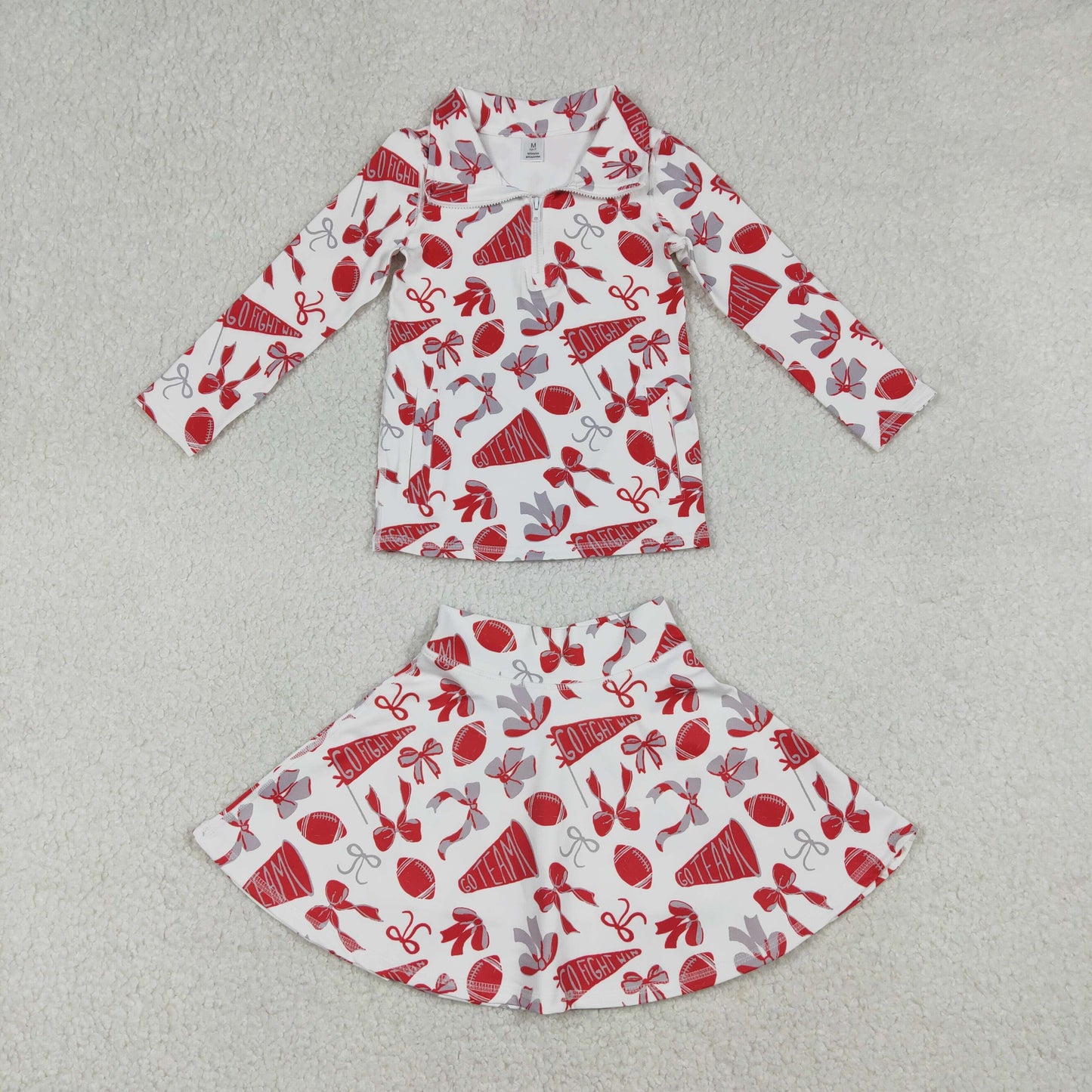 RTS NO MOQ（In Stock) Football red flared bow pattern zippered long-sleeved yoga top skirt set