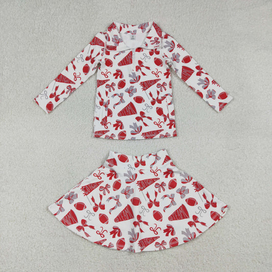 RTS NO MOQ（In Stock) Football red flared bow pattern zippered long-sleeved yoga top skirt set