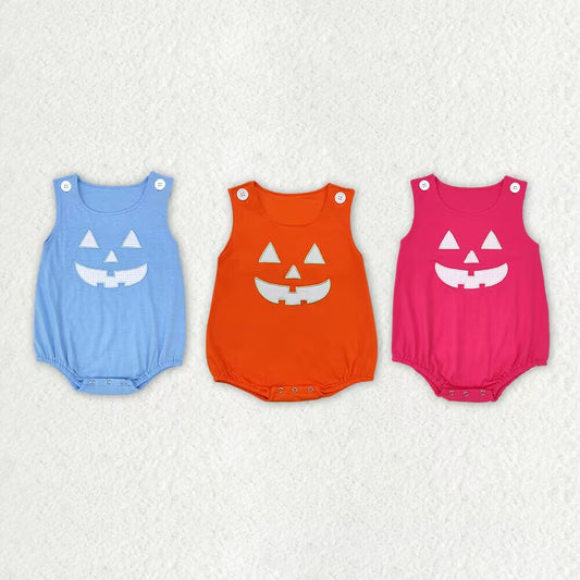 RTS NO MOQ Baby Embroidered Pumpkin Smiley Face Blue & Orange*Pink Short Romper