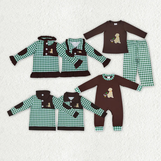 RTS NO MOQ Embroidered Puppy and Duck Brown & Green Plaid Button Pullover & Long Sleeve Set & Crawling Suit